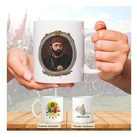 Osmanlı Padişahları Serisi - Abdulaziz - Fotoğrafı ve Tuğrası - Arma - Renkli Baskılı Kupa Bardak