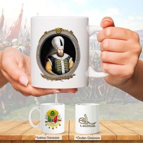 Osmanlı Padişahları Serisi - I. Mustafa - Fotoğrafı ve Tuğrası - Arma - Renkli Baskılı Kupa Bardak
