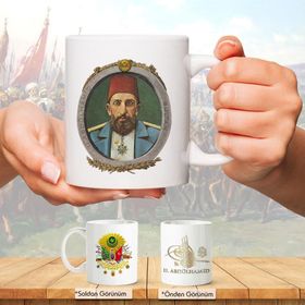 Osmanlı Padişahları Serisi - Iı. Abdülhamid - Fotoğrafı ve Tuğrası - Arma - Renkli Baskılı Kupa Bardak