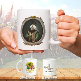 Osmanlı Padişahları Serisi - Iı. Ahmed - Fotoğrafı ve Tuğrası - Arma - Renkli Baskılı Kupa Bardak