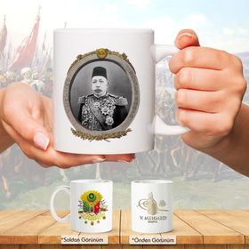Osmanlı Padişahları Serisi - V. Mehmed - Fotoğrafı ve Tuğrası - Arma - Renkli Baskılı Kupa Bardak