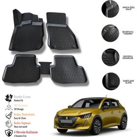 OtoLine Peugeot 208 2020 Sonrası 3D Gri Siyah Havuzlu Paspas