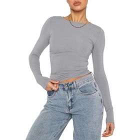 OYIGELZ Crop Tops Y2K Casual Açık Gri-06 Uzun Kollu Yuvarlak Yaka Kadın T-shirt