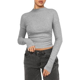 OYIGELZ Crop Tops Y2K Casual Açık Gri-L1 Uzun Kollu Yuvarlak Yaka Kadın T-shirt