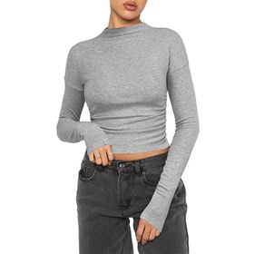 OYIGELZ Crop Tops Y2K Casual Açık Gri-L1 Uzun Kollu Yuvarlak Yaka Kadın T-shirt