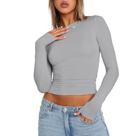 OYIGELZ Crop Tops Y2K Casual Açık Gri-R1 Uzun Kollu Yuvarlak Yaka Kadın T-shirt