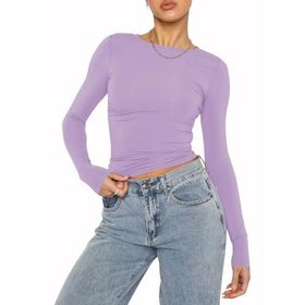OYIGELZ Crop Tops Y2K Casual Açık Lila-06 Uzun Kollu Yuvarlak Yaka Kadın T-shirt