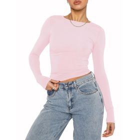 OYIGELZ Crop Tops Y2K Casual Açık Pembe-06 Uzun Kollu Yuvarlak Yaka Kadın T-shirt