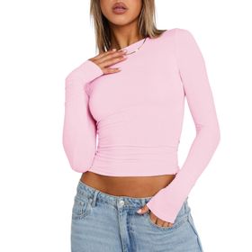 OYIGELZ Crop Tops Y2K Casual Açık Pembe-R1 Uzun Kollu Yuvarlak Yaka Kadın T-shirt