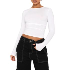 OYIGELZ Crop Tops Y2K Casual Beyaz-06 Uzun Kollu Yuvarlak Yaka Kadın T-shirt