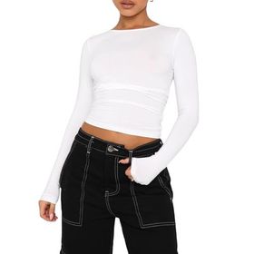 OYIGELZ Crop Tops Y2K Casual Beyaz-06 Uzun Kollu Yuvarlak Yaka Kadın T-shirt
