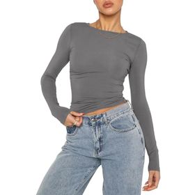 OYIGELZ Crop Tops Y2K Casual Gri-06 Uzun Kollu Yuvarlak Yaka Kadın T-shirt
