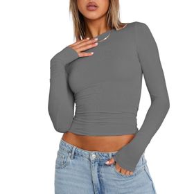 OYIGELZ Crop Tops Y2K Casual Gri-R1 Uzun Kollu Yuvarlak Yaka Kadın T-shirt