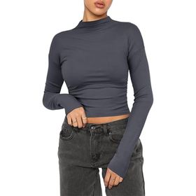 OYIGELZ Crop Tops Y2K Casual Gri-Z1 Uzun Kollu Yuvarlak Yaka Kadın T-shirt