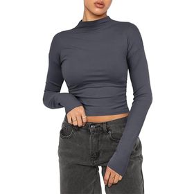 OYIGELZ Crop Tops Y2K Casual Gri-Z1 Uzun Kollu Yuvarlak Yaka Kadın T-shirt
