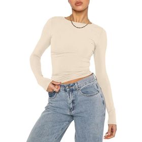 OYIGELZ Crop Tops Y2K Casual Kayısı-06 Uzun Kollu Yuvarlak Yaka Kadın T-shirt