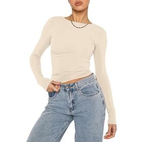 OYIGELZ Crop Tops Y2K Casual Kayısı-06 Uzun Kollu Yuvarlak Yaka Kadın T-shirt