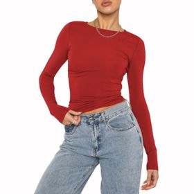 OYIGELZ Crop Tops Y2K Casual Kırmızı-06 Uzun Kollu Yuvarlak Yaka Kadın T-shirt