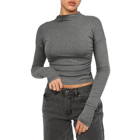 OYIGELZ Crop Tops Y2K Casual Koyu Gri-L1 Uzun Kollu Yuvarlak Yaka Kadın T-shirt