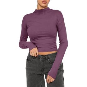 OYIGELZ Crop Tops Y2K Casual Koyu Lila-Z1 Uzun Kollu Yuvarlak Yaka Kadın T-shirt