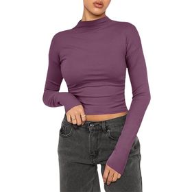 OYIGELZ Crop Tops Y2K Casual Koyu Lila-Z1 Uzun Kollu Yuvarlak Yaka Kadın T-shirt