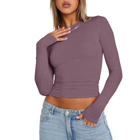 OYIGELZ Crop Tops Y2K Casual Lila Gri-R1 Uzun Kollu Yuvarlak Yaka Kadın T-shirt