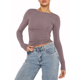 OYIGELZ Crop Tops Y2K Casual Pembe-06 Uzun Kollu Yuvarlak Yaka Kadın T-shirt