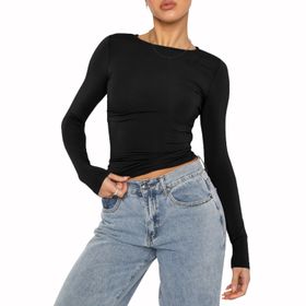 OYIGELZ Crop Tops Y2K Casual Siyah-06 Uzun Kollu Yuvarlak Yaka Kadın T-shirt