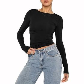 OYIGELZ Crop Tops Y2K Casual Siyah-06 Uzun Kollu Yuvarlak Yaka Kadın T-shirt