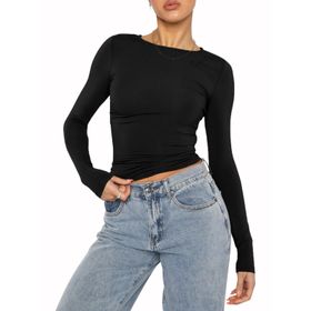 OYIGELZ Crop Tops Y2K Casual Siyah-06 Uzun Kollu Yuvarlak Yaka Kadın T-shirt