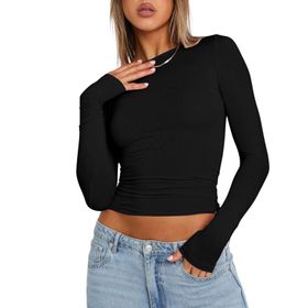 OYIGELZ Crop Tops Y2K Casual Siyah-R1 Uzun Kollu Yuvarlak Yaka Kadın T-shirt