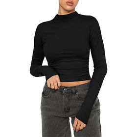OYIGELZ Crop Tops Y2K Casual Siyah-Z1 Uzun Kollu Yuvarlak Yaka Kadın T-shirt