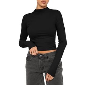 OYIGELZ Crop Tops Y2K Casual Siyah-Z1 Uzun Kollu Yuvarlak Yaka Kadın T-shirt