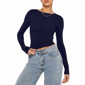 OYIGELZ Crop Tops Y2K Casual Tibet Mavisi-06 Uzun Kollu Yuvarlak Yaka Kadın T-shirt