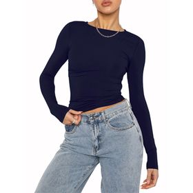 OYIGELZ Crop Tops Y2K Casual Tibet Mavisi-06 Uzun Kollu Yuvarlak Yaka Kadın T-shirt