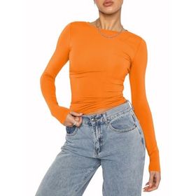 OYIGELZ Crop Tops Y2K Casual Turuncu-06 Uzun Kollu Yuvarlak Yaka Kadın T-shirt