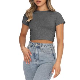 OYIGELZ Crop Tops Y2K Gri-U1 Kısa Kollu Kadın T-shirt