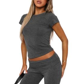OYIGELZ Crop Tops Y2K Koyu Gri-T2 Kısa Kollu Kadın T-shirt