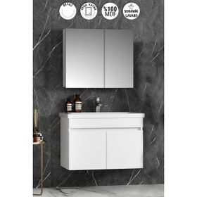 Özceden Çiğdem 80 cm Beyaz Mdf Seramik Lavabolu Asma Banyo Dolabı Takımı