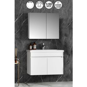 Özceden Çiğdem 80 cm Beyaz Mdf Seramik Lavabolu Asma Banyo Dolabı Takımı