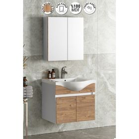 Özceden Yıldız 55 cm Beyaz-Atlantik Çam MDF Seramik Lavabolu Asma Banyo Dolabı Takımı