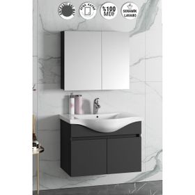 Özceden Yıldız 80 cm Antrasit Gri Mat MDF Seramik Lavabolu Asma Banyo Dolabı Takımı