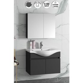 Özceden Yıldız 80 cm Antrasit Gri Mat MDF Seramik Lavabolu Asma Banyo Dolabı Takımı