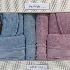 Özdilek Mavi Pembe Colourist Aile Seti Çift Kişilik Bornoz Takımı