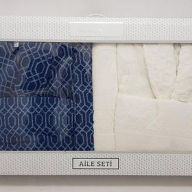 Özdilek Tile Diamond Krem Lacivert Aile Bornoz Seti