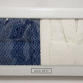 Özdilek Tile Diamond Krem Lacivert Aile Bornoz Seti