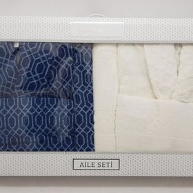 Özdilek Tile Diamond Krem Lacivert Aile Bornoz Seti