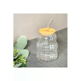 Paçi 450 ml Açık Kahverengi Şeffaf Bambu Kapaklı Pipetli Çizgili Bardak