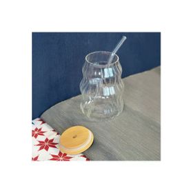 Paçi 450 ml Açık Kahverengi Şeffaf Bambu Kapaklı Pipetli Çizgili Bardak