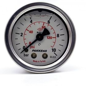 Pakkens 0-10 Bar 50 mm Arkadan Bağlantılı Gliserinli G 1/4 inç Manometre